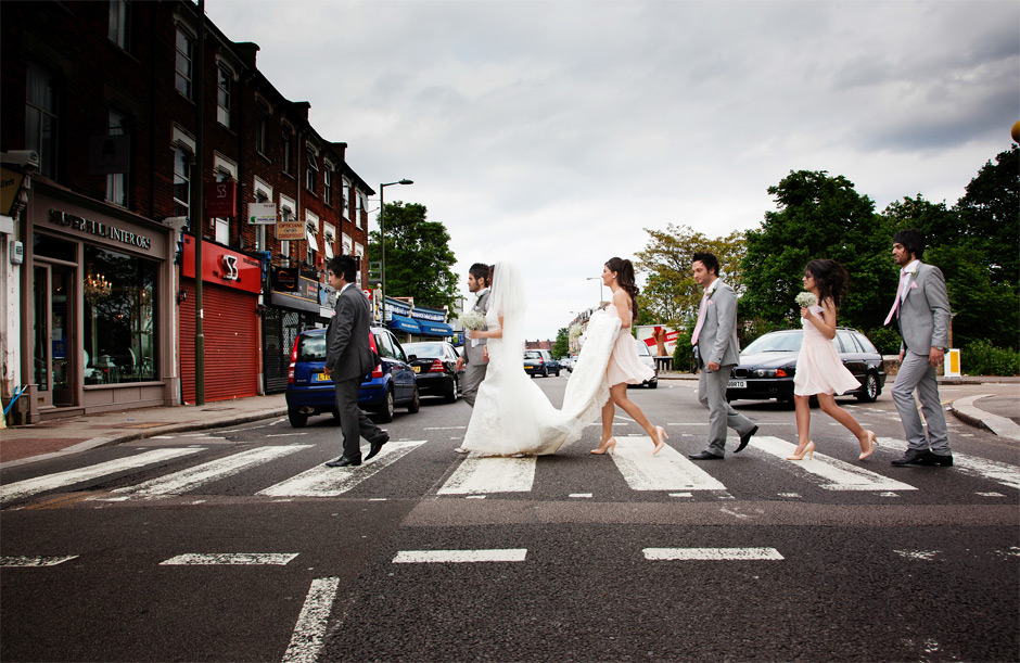 bridal party crossing london street