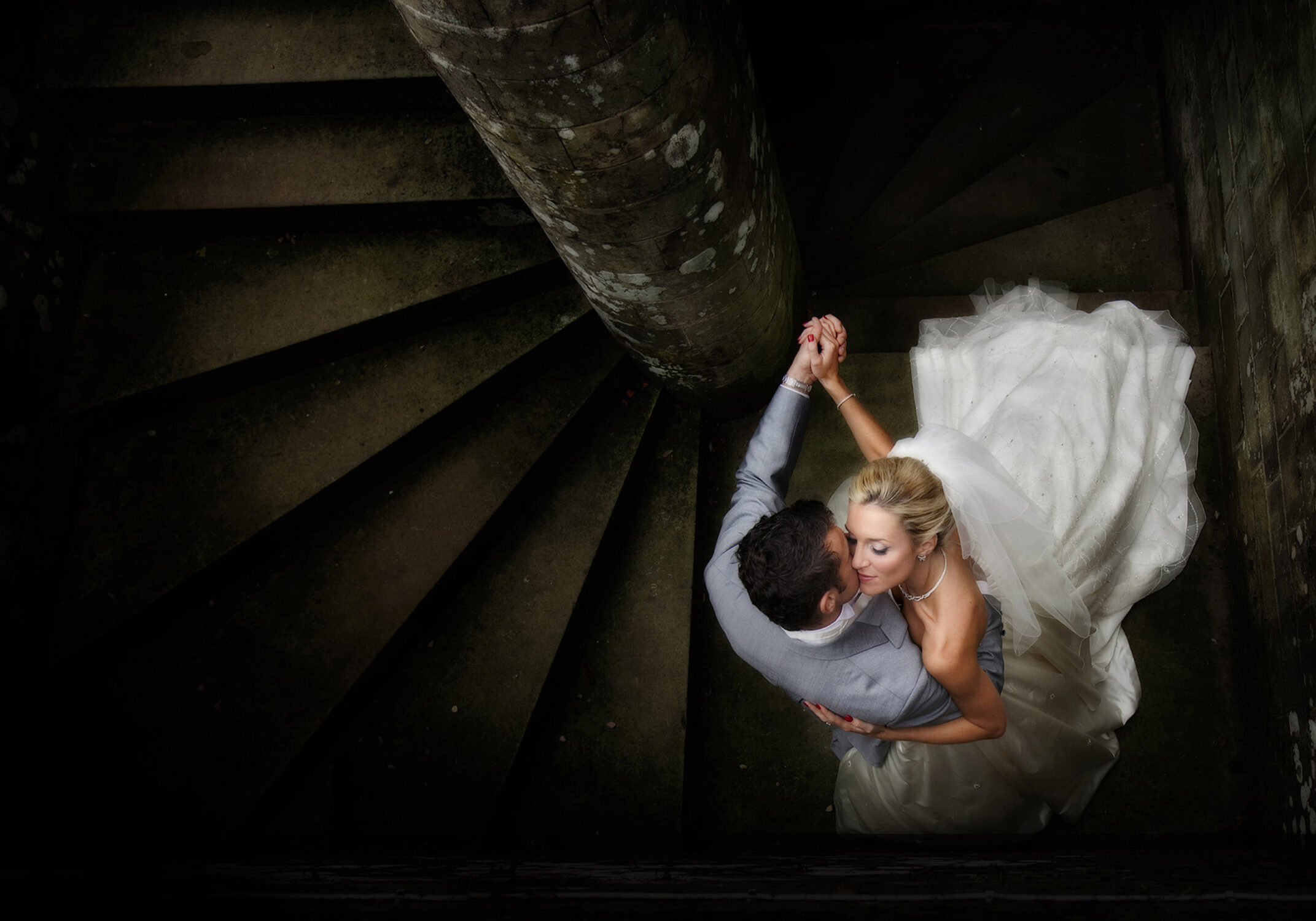 posing the bride and groom shot from above classic dance pose 