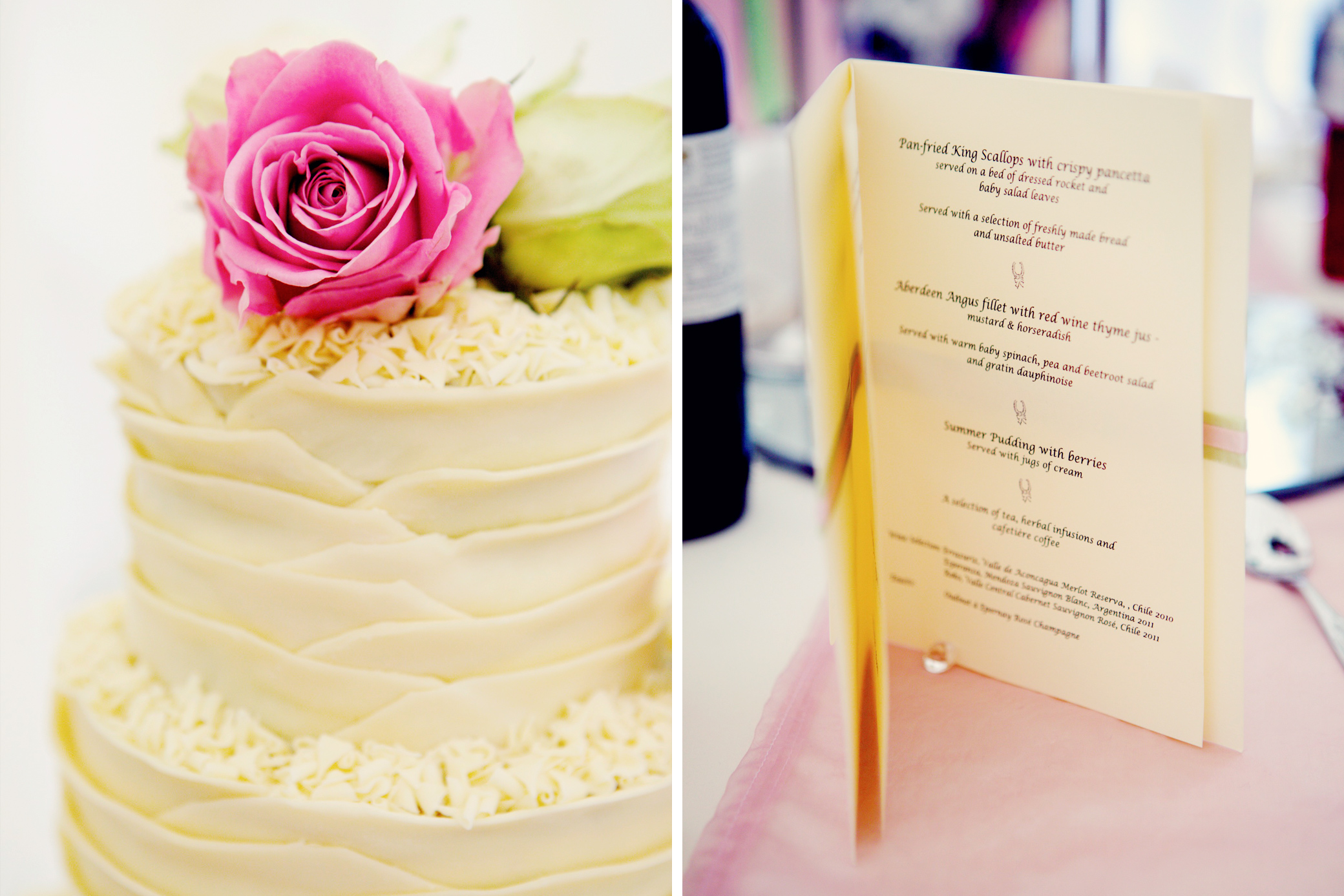 A cream wedding cake with a pink rose, and a printed menu