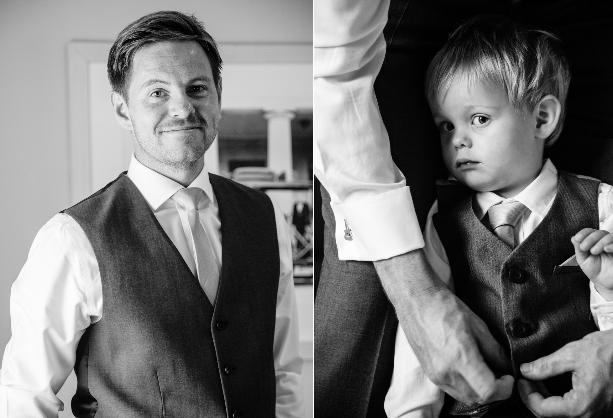 Groom and his pageboy son before their Goodwood House wedding