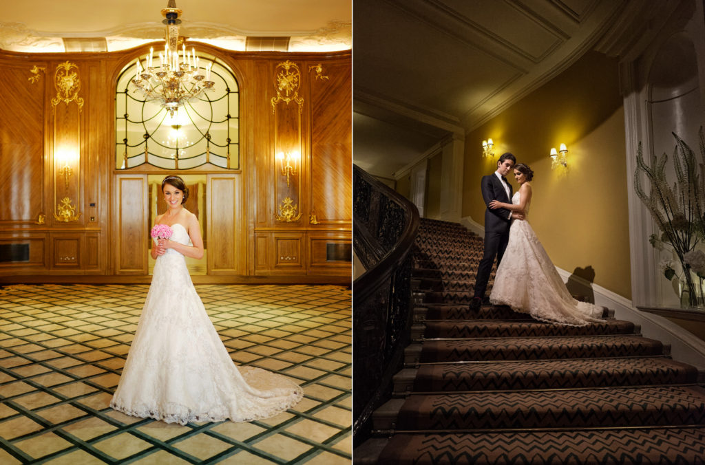 Bride and groom on the staircase at Claridge's, Mayfair