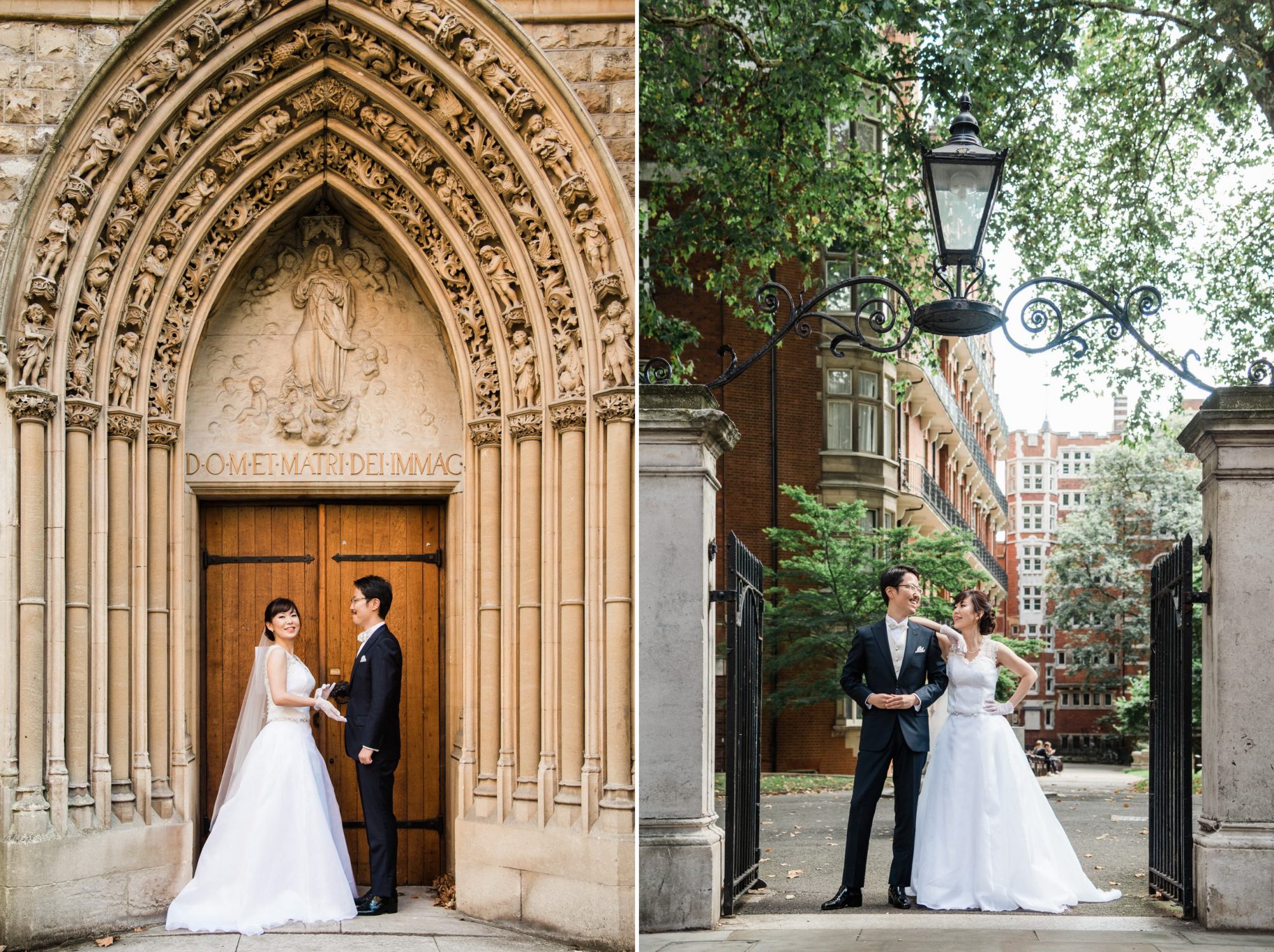 Two Mayfair portraits: a couple beneath a carved Gothic church doorway, and at the iron gate of a leafy garden