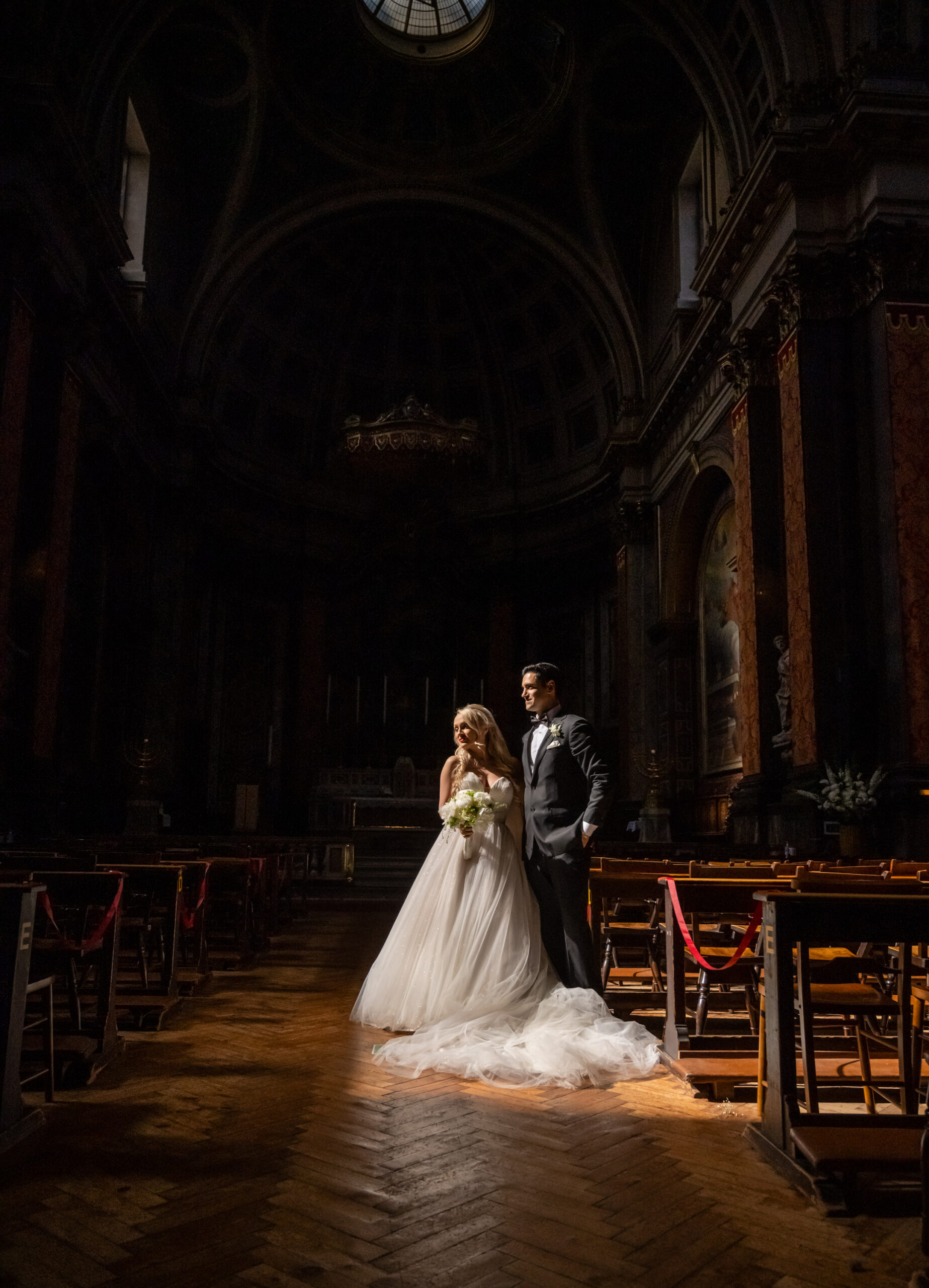 bride and groom at London oratory wedding day
