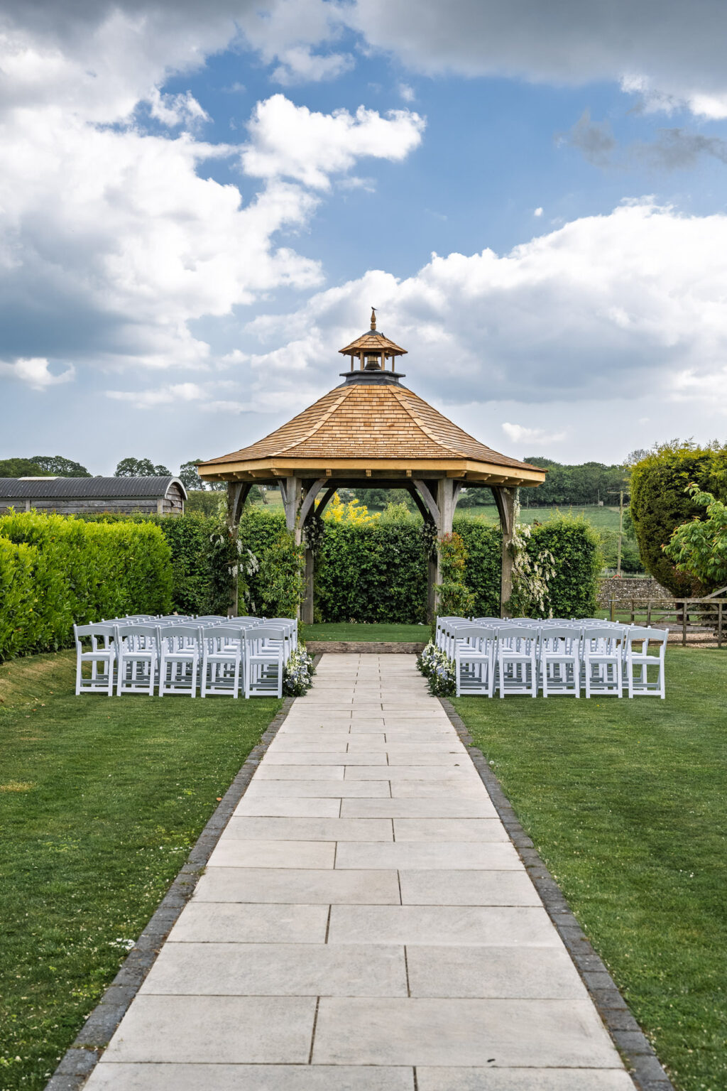 The garden gazebo and path at Selden Barns