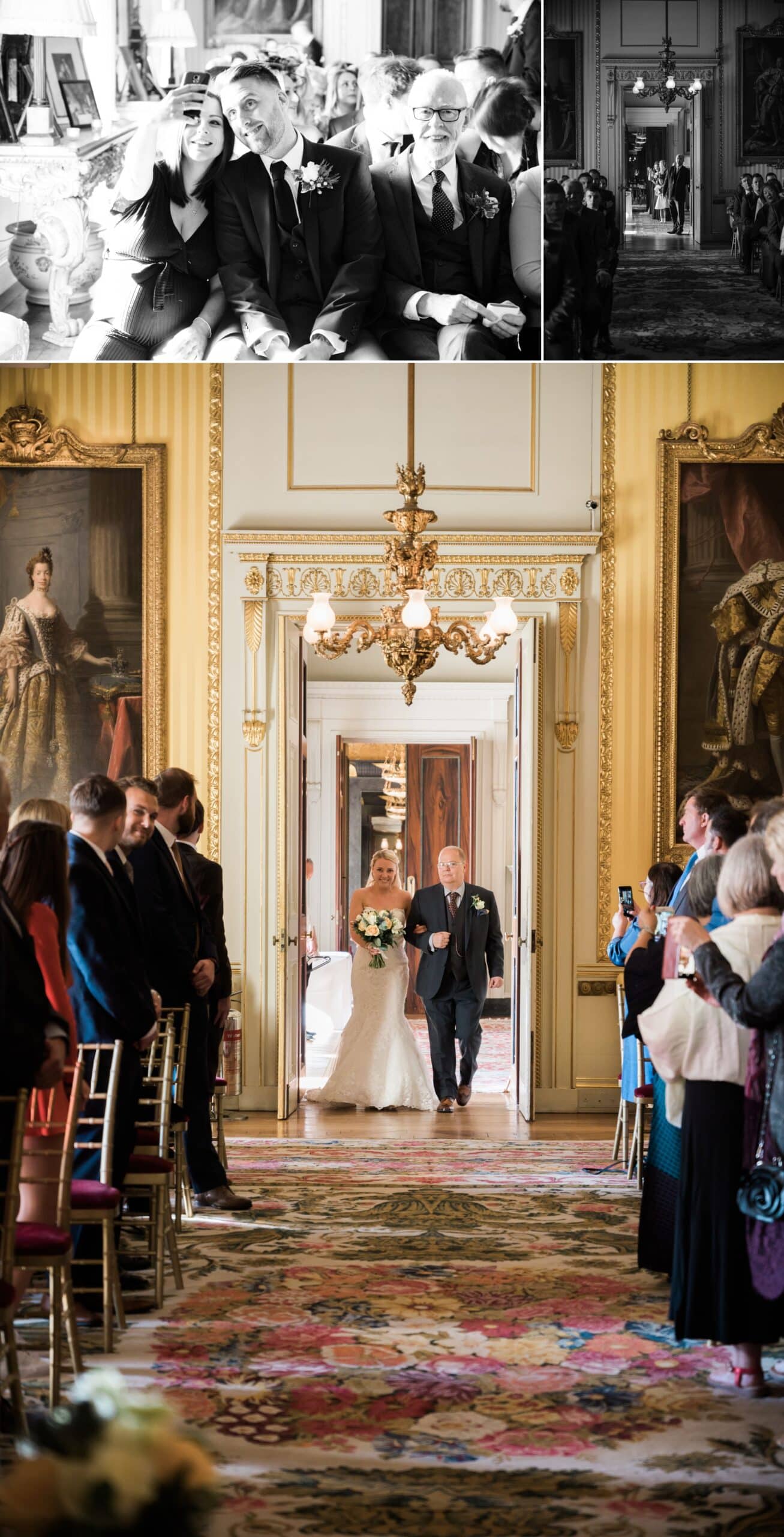 Bride walking down the aisle with her father in the Yellow Drawing Room at Goodwood House