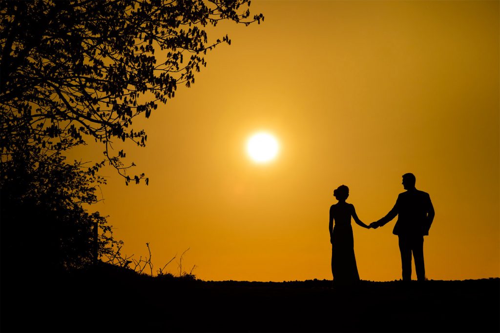 sunset bride and groom Sussex wedding