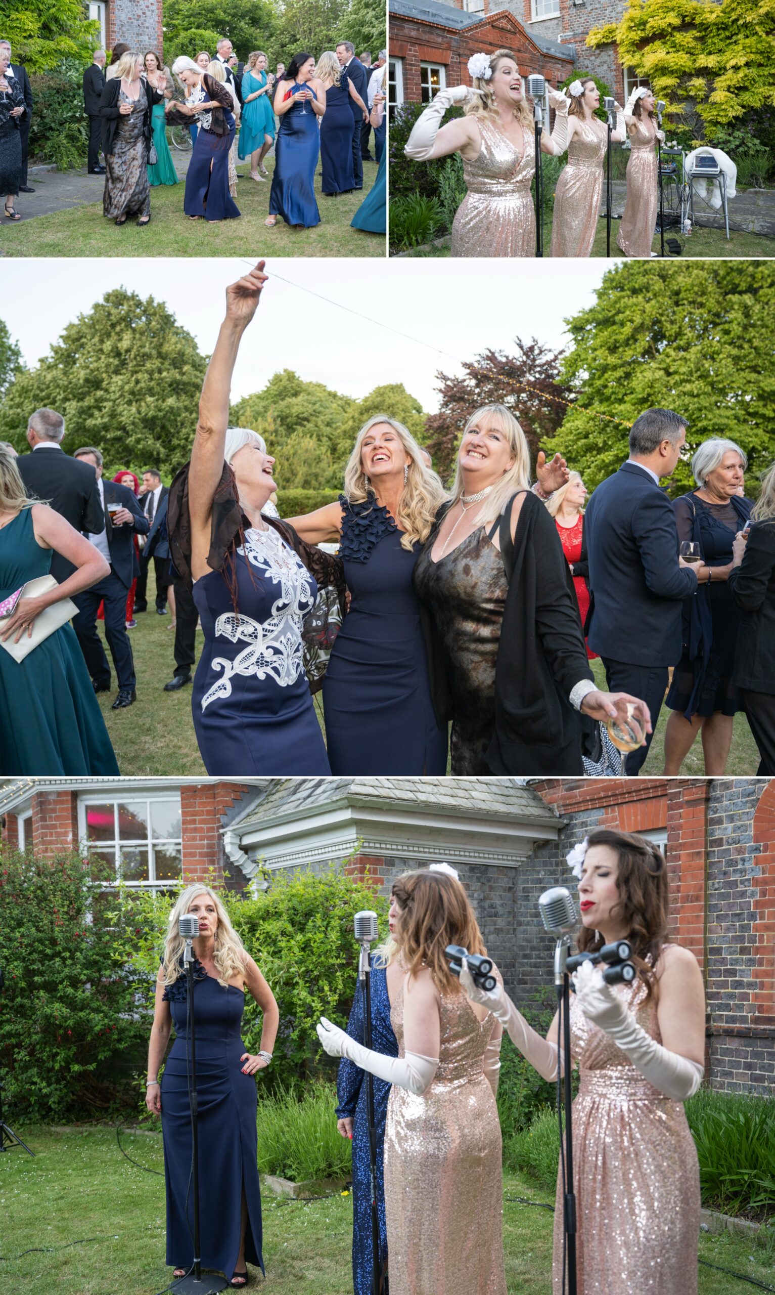Guests cheering in the garden at a silver anniversary party at Gildredge Manor, Eastbourne