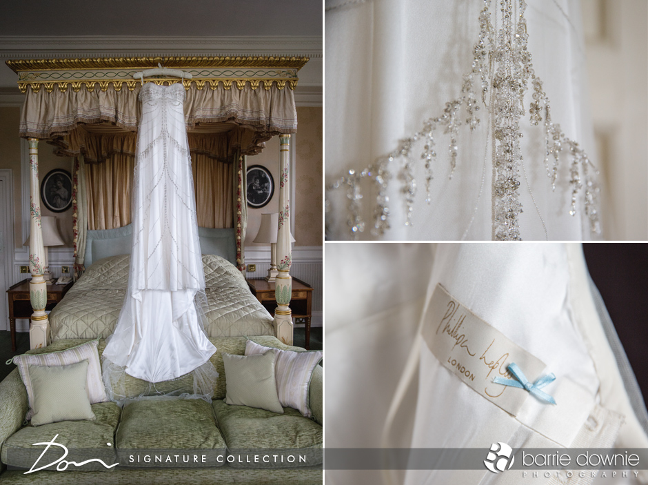 A wedding dress hanging by a window, with close-ups of its detail