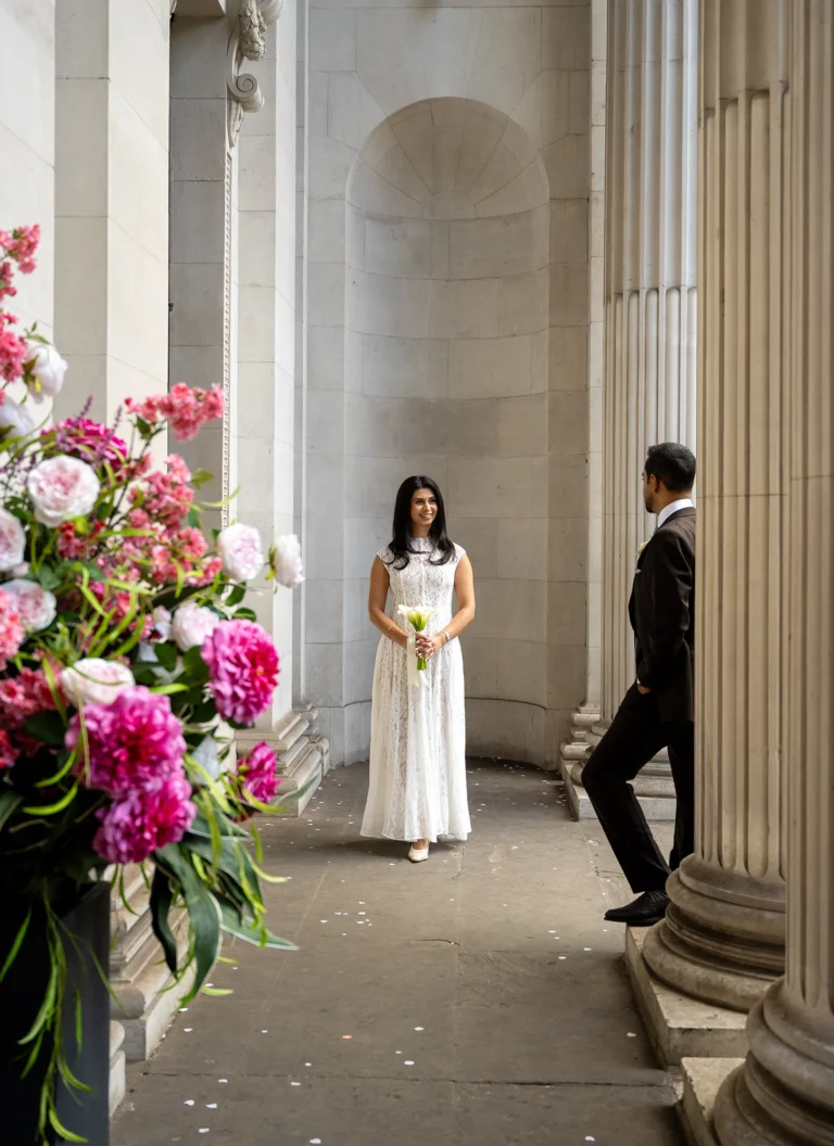 Bride waiting in the colonnade at Old Marylebone Town Hall beside a display of pink peonies