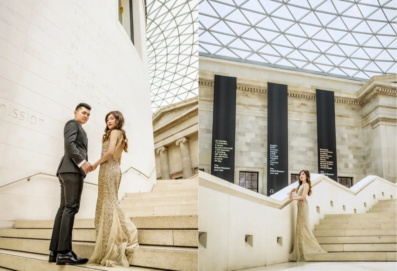 Pre wedding couple in a gold gown and black suit on the stairs of the British Museum Great Court, London