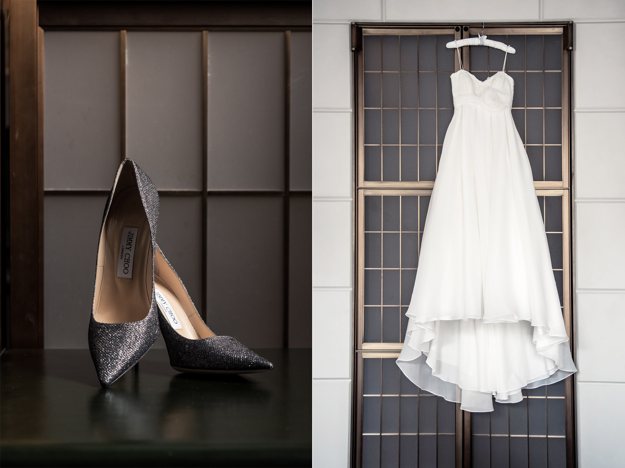 A pair of heels and a strapless wedding dress hanging in a hotel room